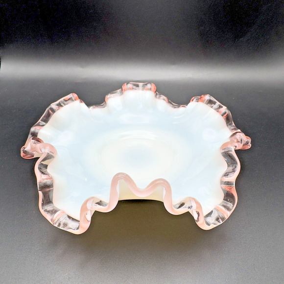 Vintage Fenton Rose Crest Milk Glass Bowl Dish Pink Ruffled Crimped Edges 6" - Picture 2 of 7